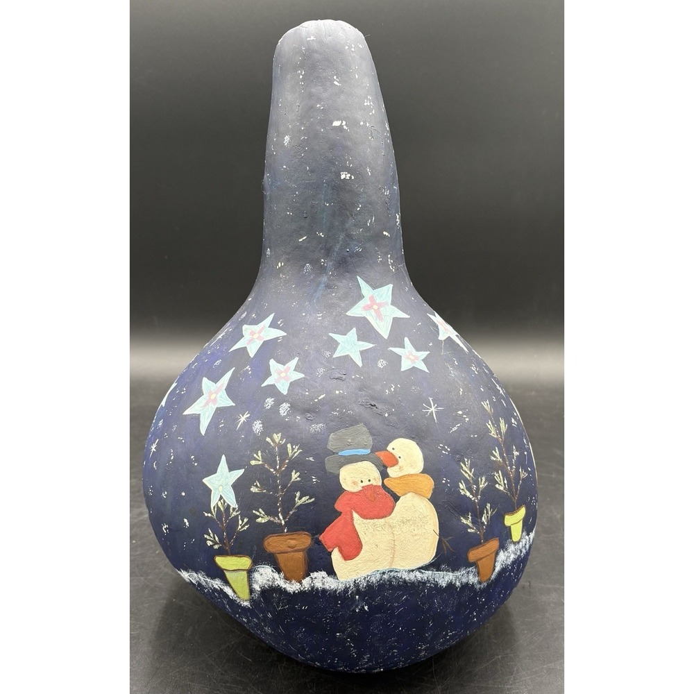 Vtg 1999 Hand Painted Snowmen Large Gourd Christmas Folk Art OOAK